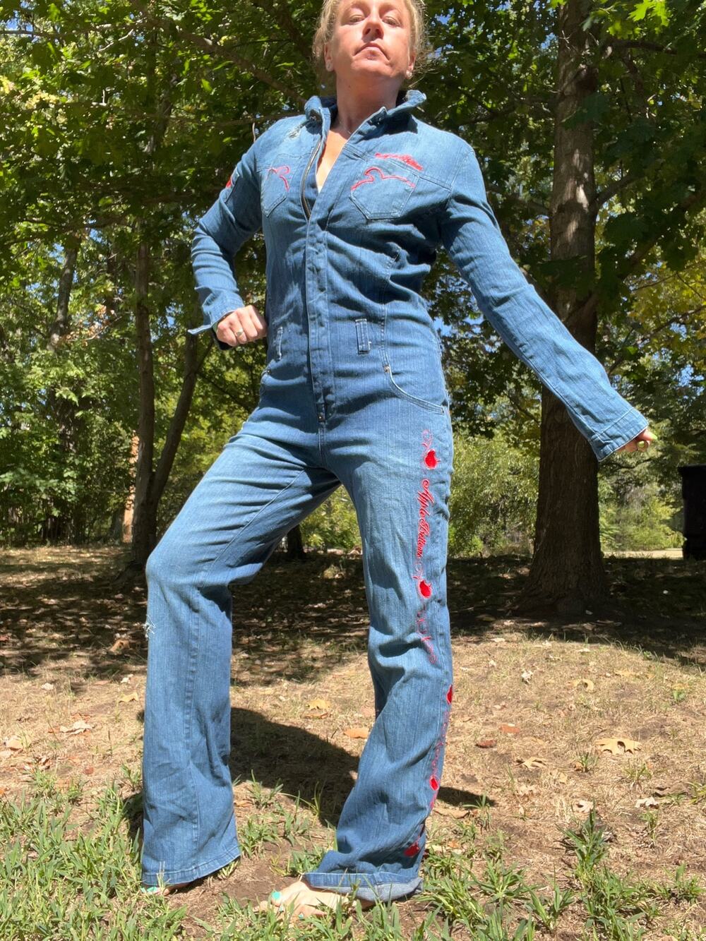 VTG 90s Y2K apple bottom jeans denim embroidered logo distressed jumpsuit XL